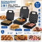 Snack Maker Sonashi SSM-882 3 en 1 1400W avec plaques pour gaufres, panini et grill