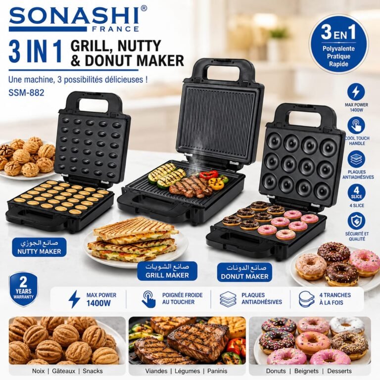 Snack Maker Sonashi SSM-882 3 en 1 1400W avec plaques pour gaufres, panini et grill