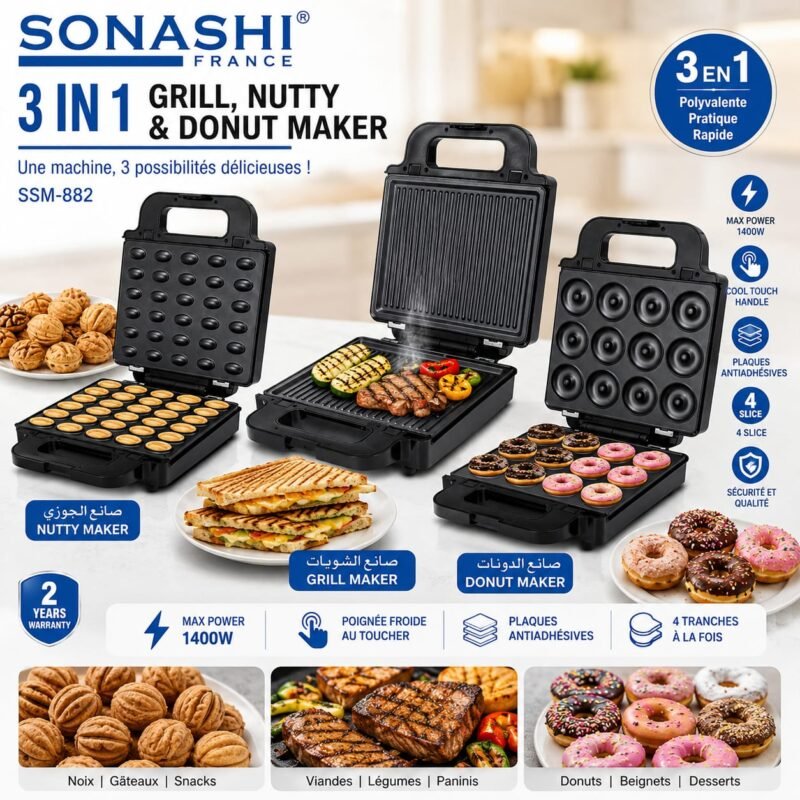 Snack Maker Sonashi SSM-882 3 en 1 1400W avec plaques pour gaufres, panini et grill